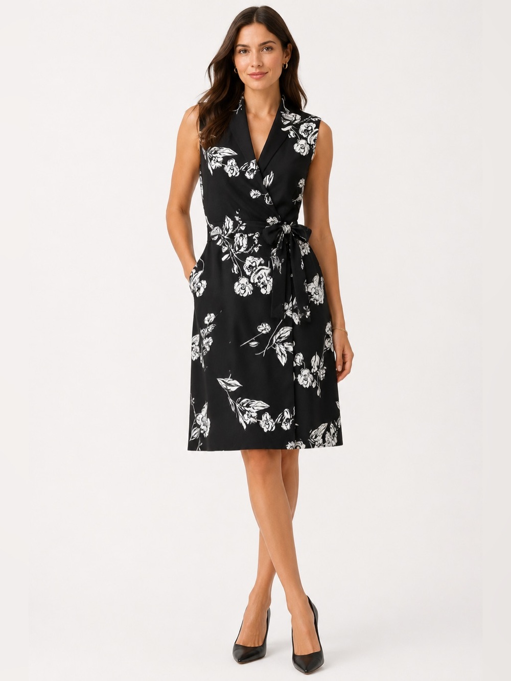 Jones New York Black White Floral Faux Wrap Sleeveless Sheath Dress Size 6